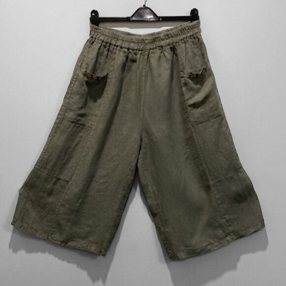 Angela Mara Green Linen Culotte Capris Pants Size Medium - Picture 2 of 14